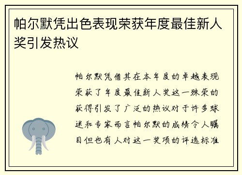 帕尔默凭出色表现荣获年度最佳新人奖引发热议
