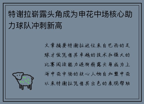 特谢拉崭露头角成为申花中场核心助力球队冲刺新高