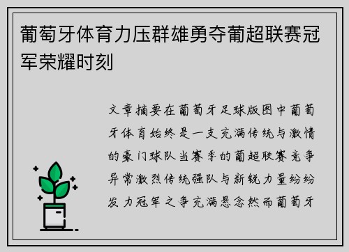 葡萄牙体育力压群雄勇夺葡超联赛冠军荣耀时刻